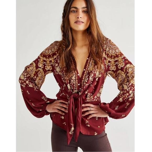Free People Tops - FREE PEOPLE Run Free Blouse Chocolate Combo Boho Flowy Tunic Size S